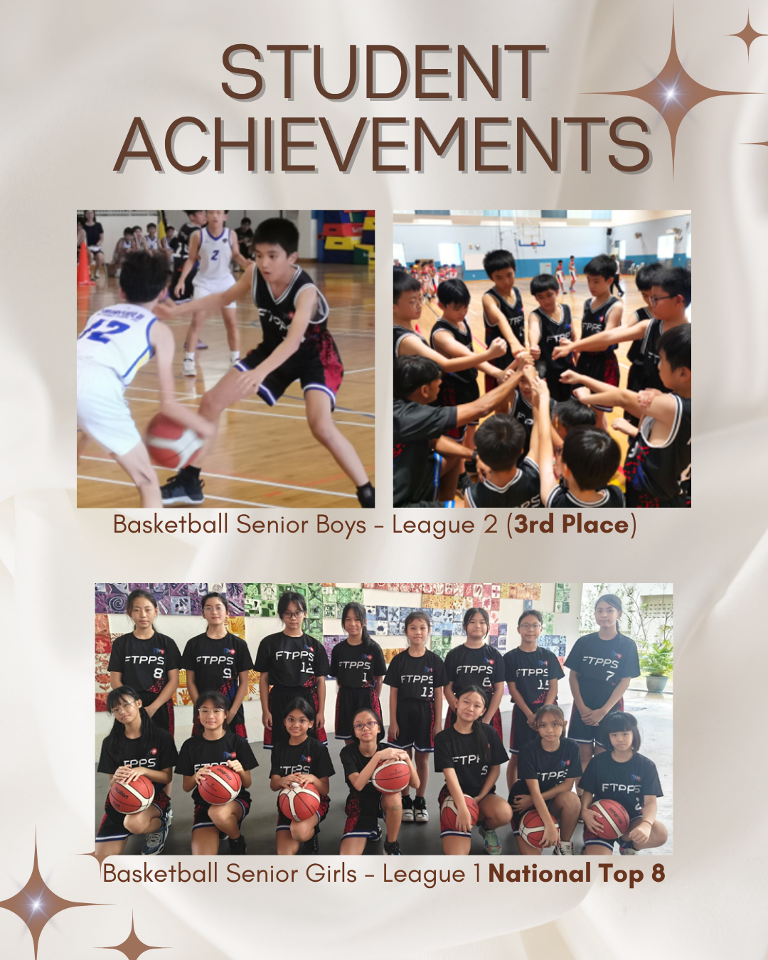 School basketball teams celebrate outstanding achievements, including 3rd place in League 2 and a National Top 8 finish.